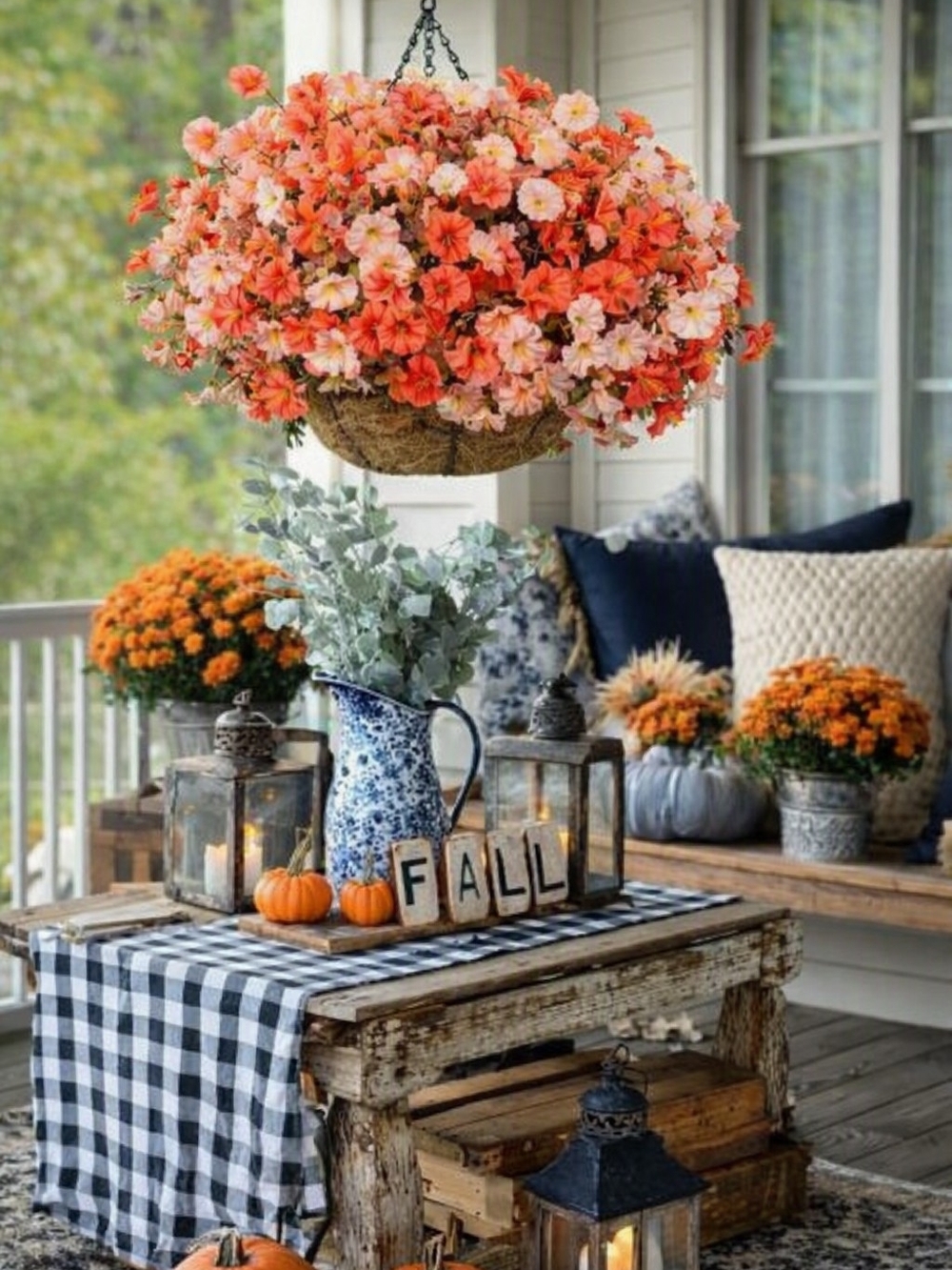 Hanging Basket Floral Home Fall Porch Decor Silk Flowers Artificial